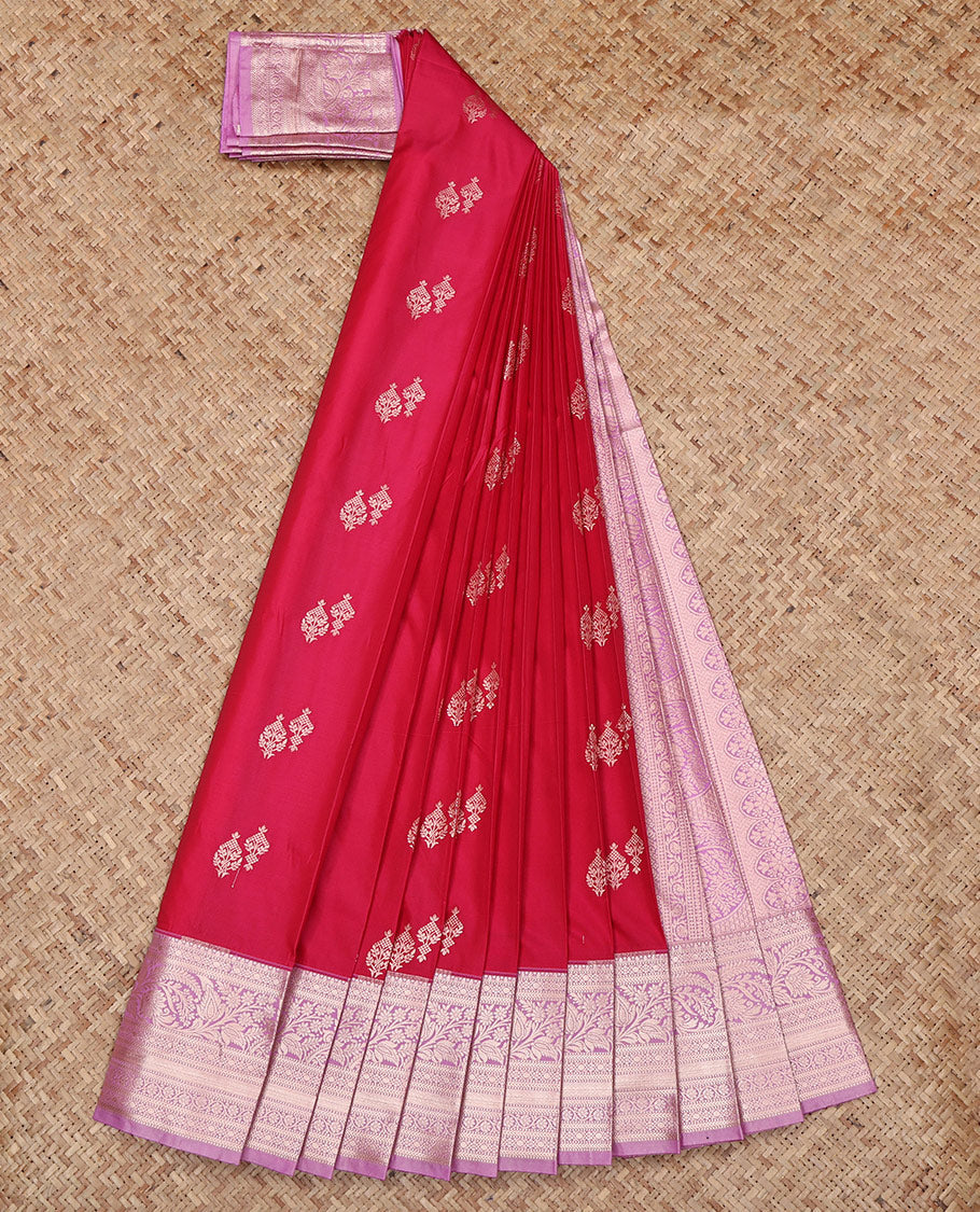 Pink Budget Silk Saree, Featuring Zari Buttas All Over Its Body, Complemented by a Contrast Traditional Zari Design Border, Intricately Designed Pallu, and Paired with a Contrast Blouse