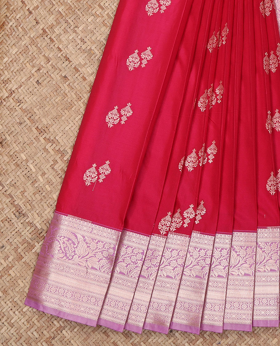 Pink Budget Silk Saree, Featuring Zari Buttas All Over Its Body, Complemented by a Contrast Traditional Zari Design Border, Intricately Designed Pallu, and Paired with a Contrast Blouse