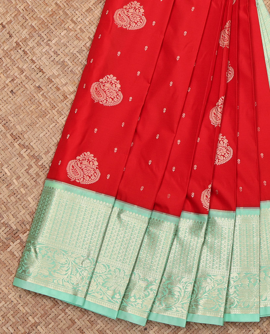 Red Budget Silk Saree, Ornamented with Zari Buttas, Contrast Traditional Zari Design Featured Border, Pallu of Jaal and Paisley Designs, and a Contrast Blouse