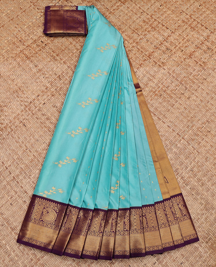 Blue Budget Silk Saree, Woven with Floral Buttas, Complemented by Contrast Traditional Border, Grand Pallu and a Contrast Blouse