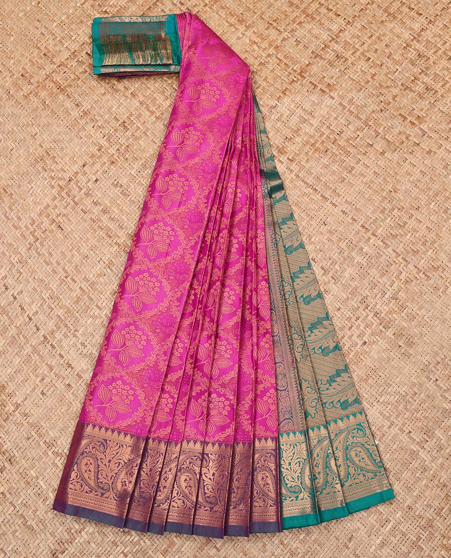 Pink Budget Silk Saree, Enthralled with Jacquard Design, Complemented by a Contrast Paisley Zari Design Border, Pallu of Paisleys, and a Contrast Blouse