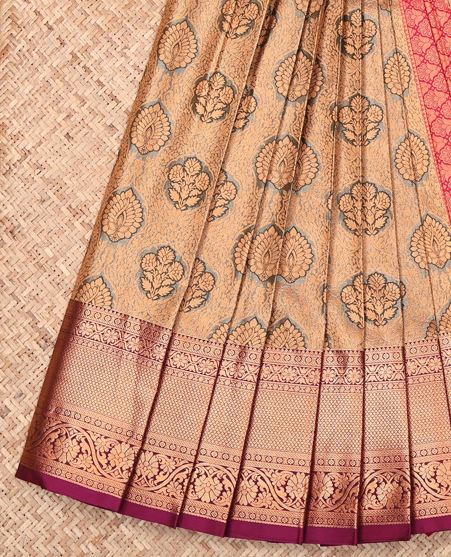 Grey Budget Silk Saree, Bedecked with Jacquard Design, Complemented by a Contrast Traditional Zari Border, Grand Pallu, and a Contrast Blouse