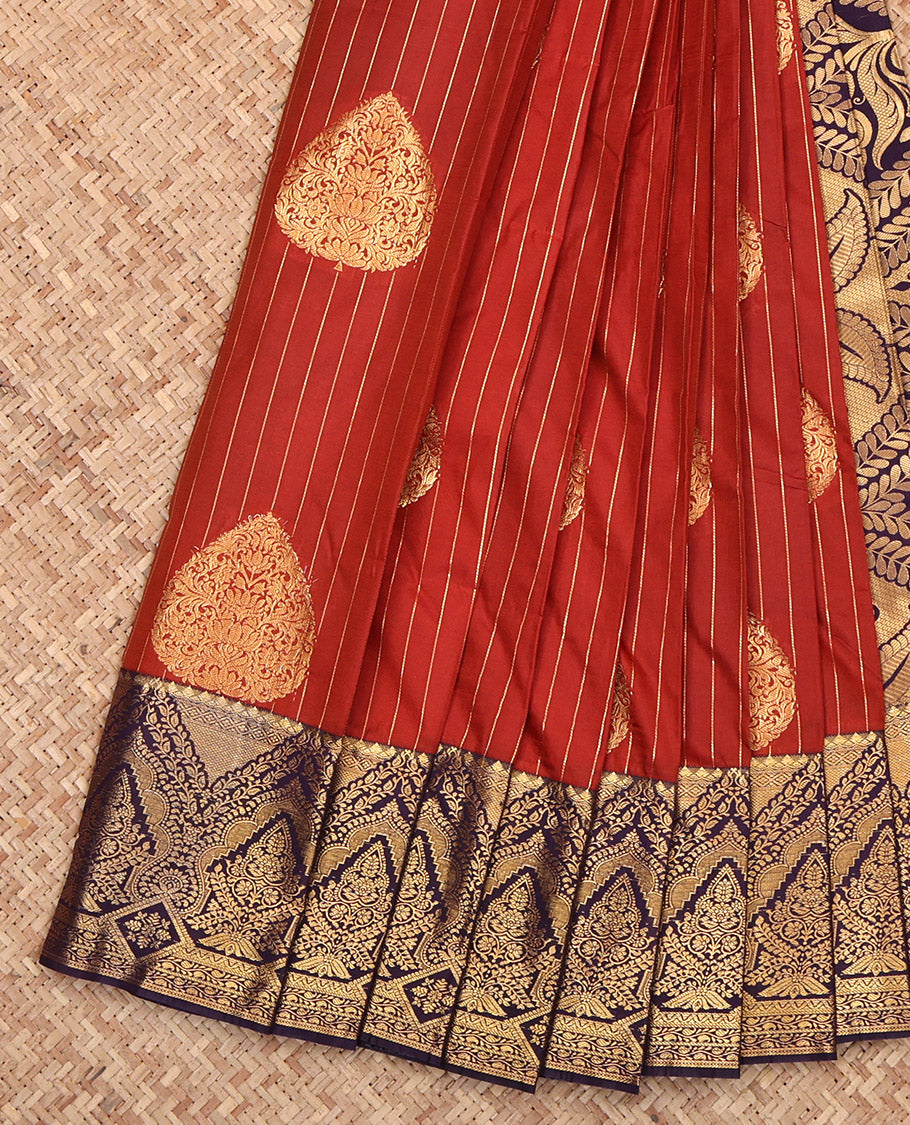 Rust Budget Silk Saree, Embellished with Zari Buttas and Stripes, Complemented by a Contrast Traditional Border, Grand Pallu, and a Contrast Blouse