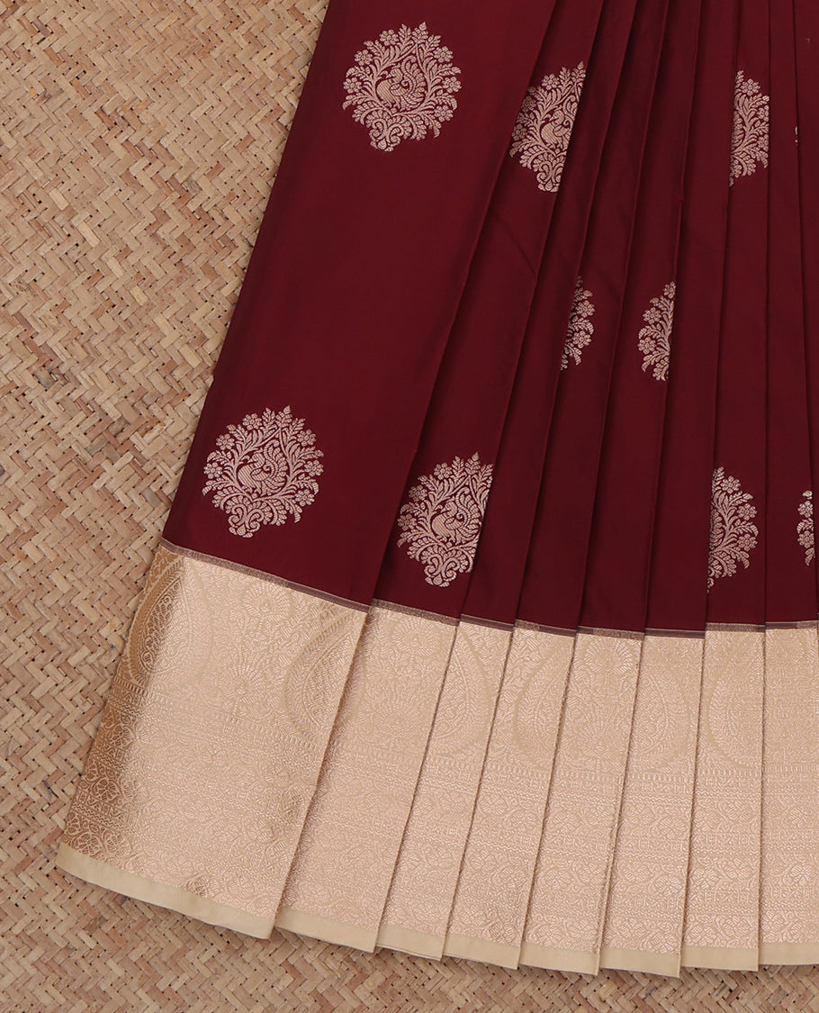 Maroon Budget Silk Saree, Detailed with Zari Buttas, Complemented by a Contrast Traditional Zari Border, Grand Pallu, and a Contrast Blouse