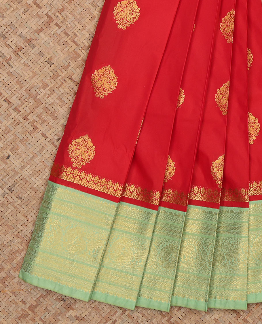 Red Budget Silk Saree, Embellished with Zari Buttas, Complemented by Contrast Traditional Zari Border, a Grand Pallu and a Contrast Blouse