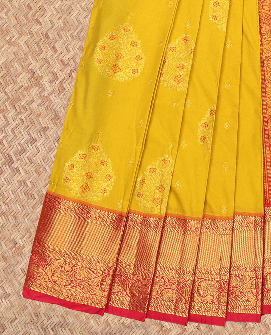 Yellow Budget Silk Saree, Woven with Zari Buttas, a Contrast Traditional Zari Border, Grand Pallu, and a Contrast Blouse