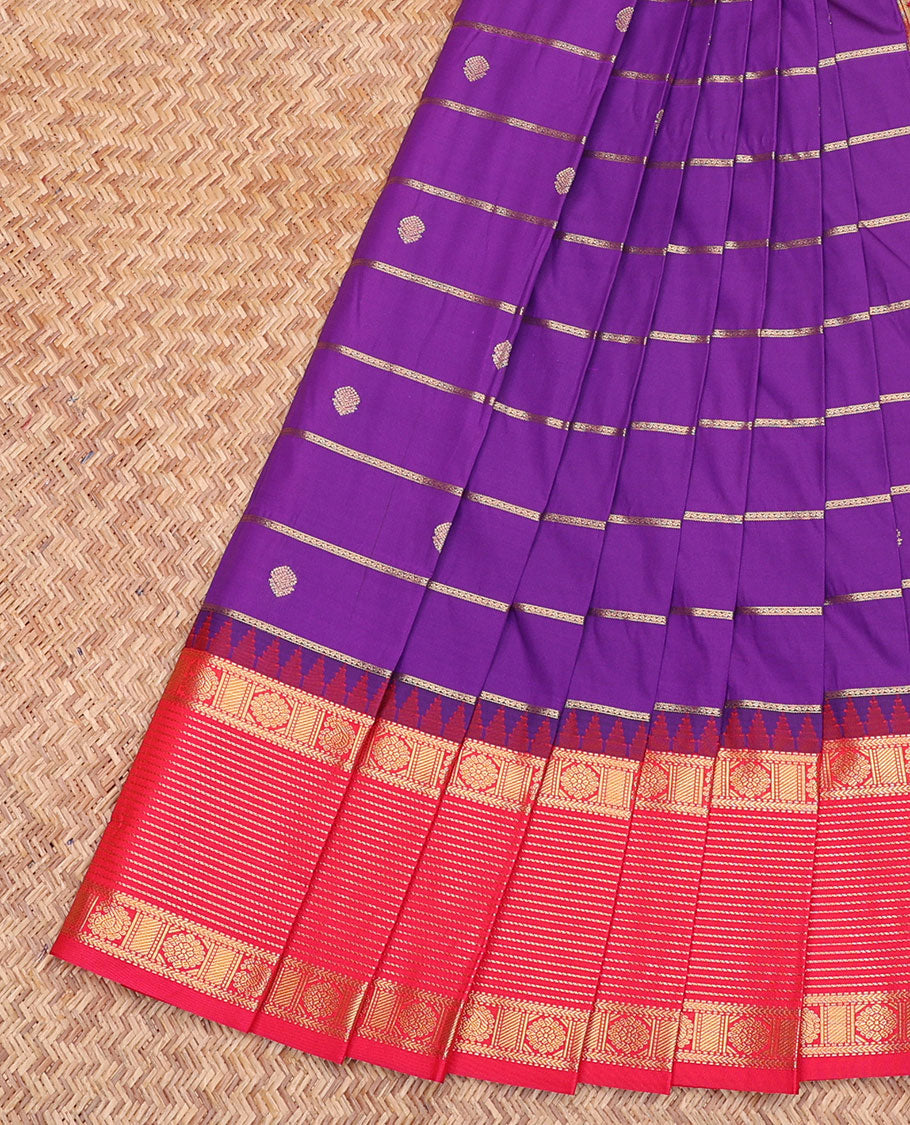 Violet Budget Silk Saree, Decorated with Zari Buttas and Stripes, Contrast Traditional Zari Temple Border, Grand Jaal Pallu, and a Contrast Blouse