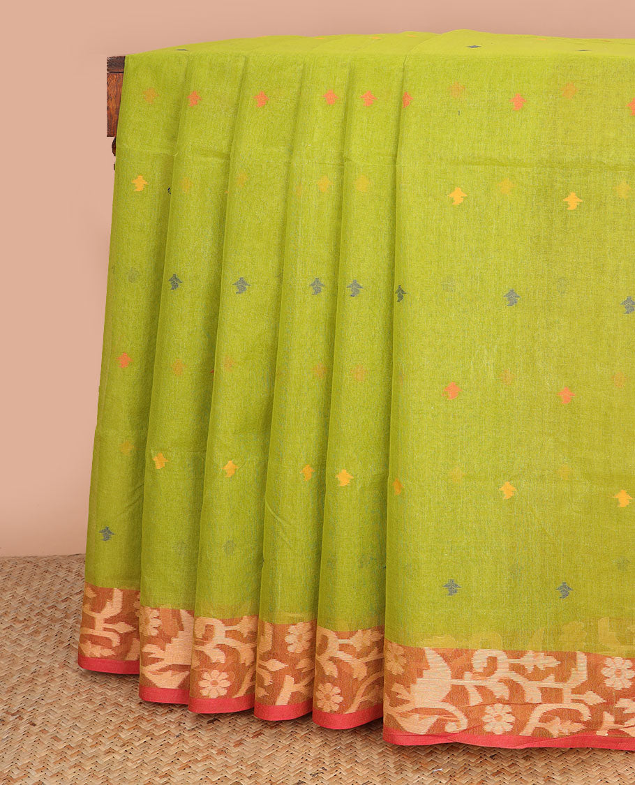 Green motifs bengal cotton saree with contrast floral design border & striped, motifs pallu