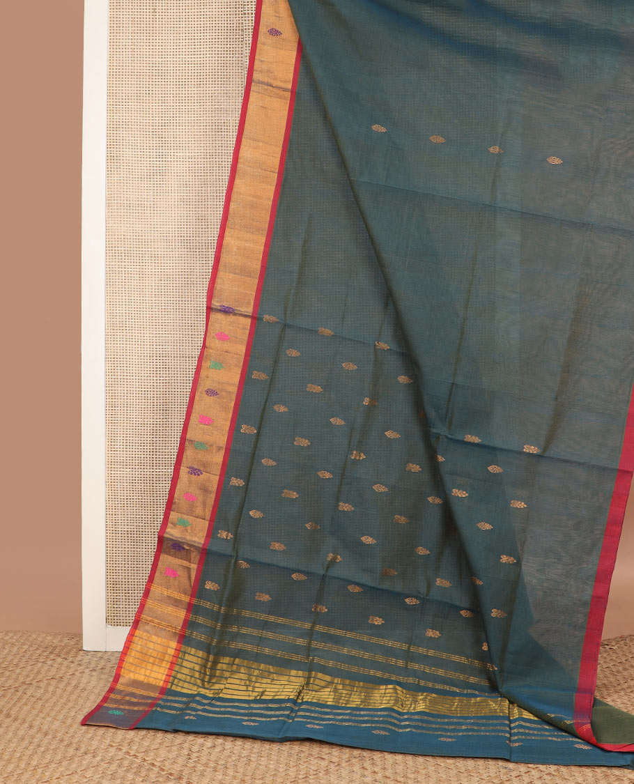 Blue dual-tone zari buttas Venkatagiri cotton saree, contrast meena buttas zari border & pallu of zari stripes