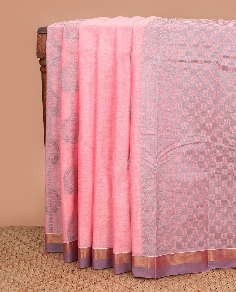 Pink floral stripes kanchi cotton saree, contrast zari border, and checked pallu