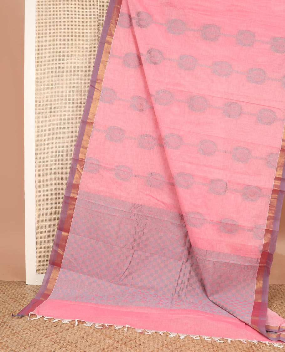 Pink floral stripes kanchi cotton saree, contrast zari border, and checked pallu