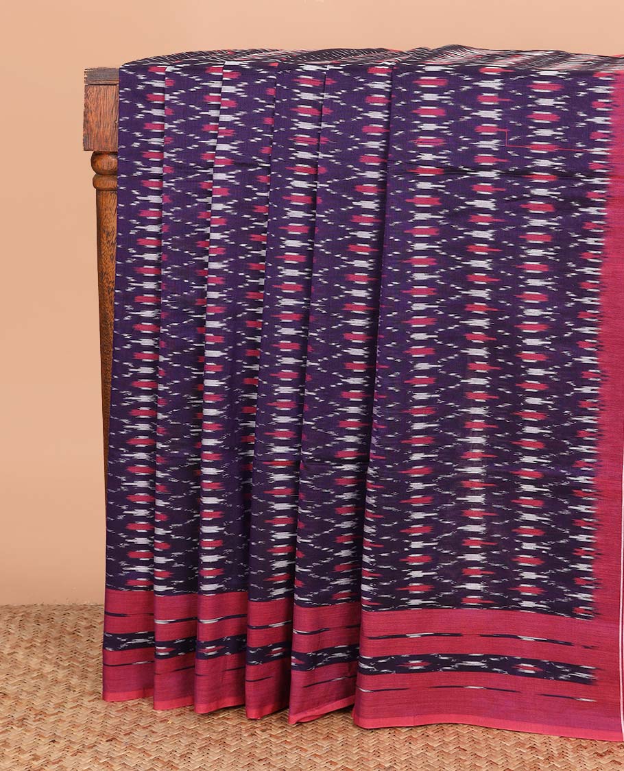 Purple jaal design ikkat cotton saree, contrast ikkat border, and pallu of ikkat chevron motifs
