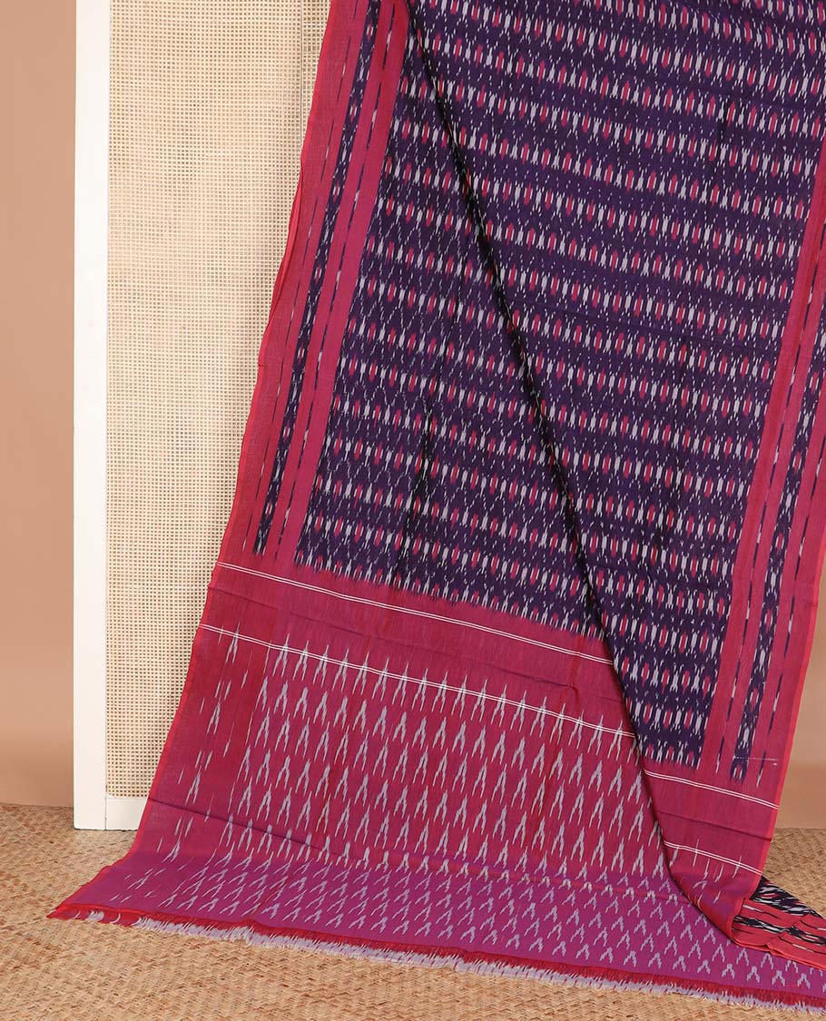 Purple jaal design ikkat cotton saree, contrast ikkat border, and pallu of ikkat chevron motifs