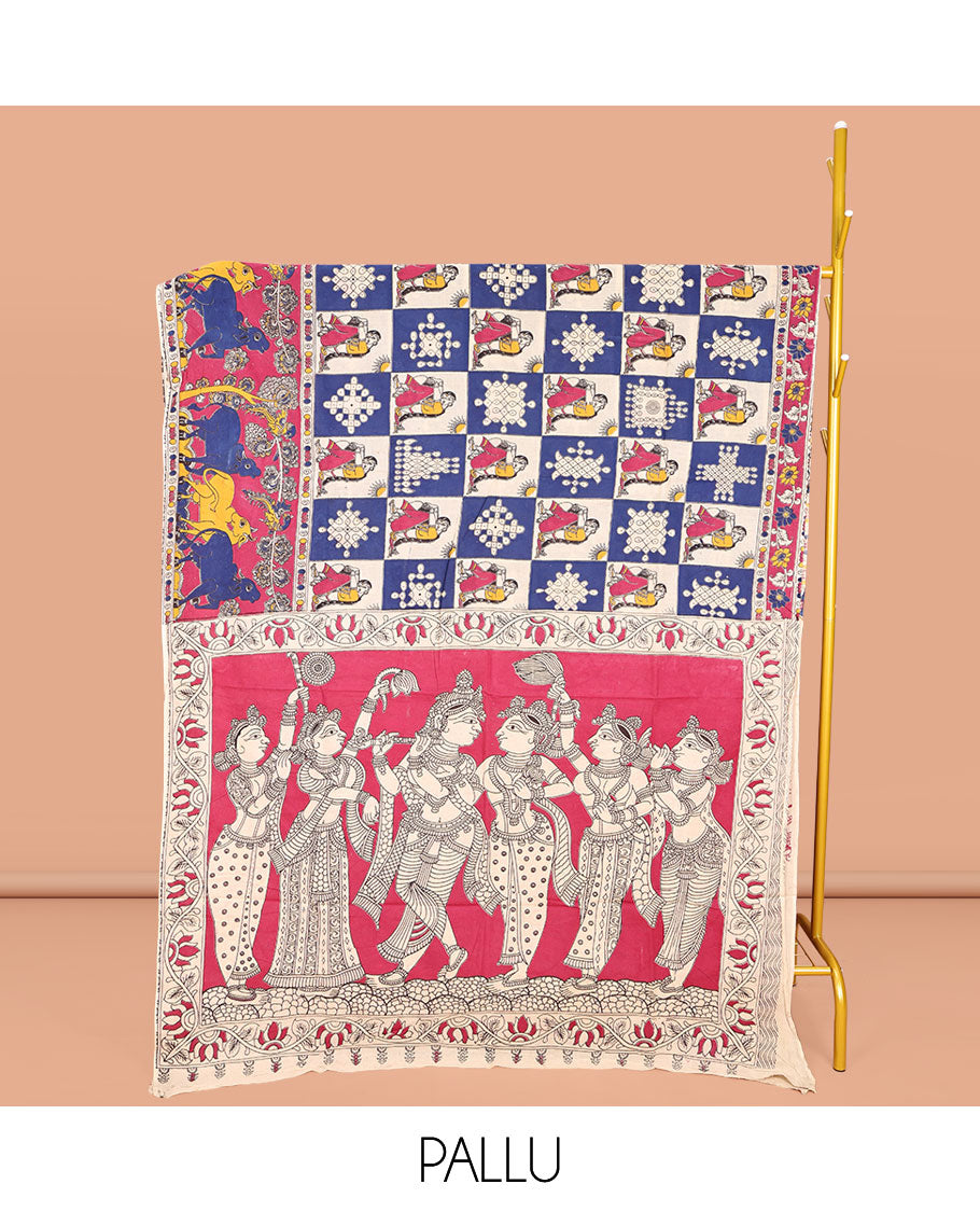 Multi-Color Machine-Printed Kalamkari Cotton Saree, Adorned with Kolam and Human Motif Enclosed Checks on Its Body, Complemented by a Contrast Pichwai Cow Printed Border, Pallu of Floral Vine Print, and Paired with a Printed Blouse