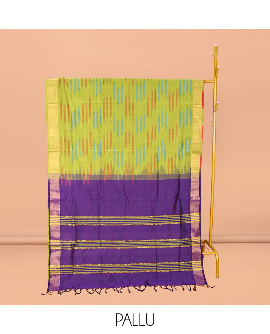 Green Poly Cotton Saree, Subtly Sparked with Buttas, Subtle Bavanji Border, Complemented by Contrast Pallu of Stripes, and Paired with a Contrast Blouse