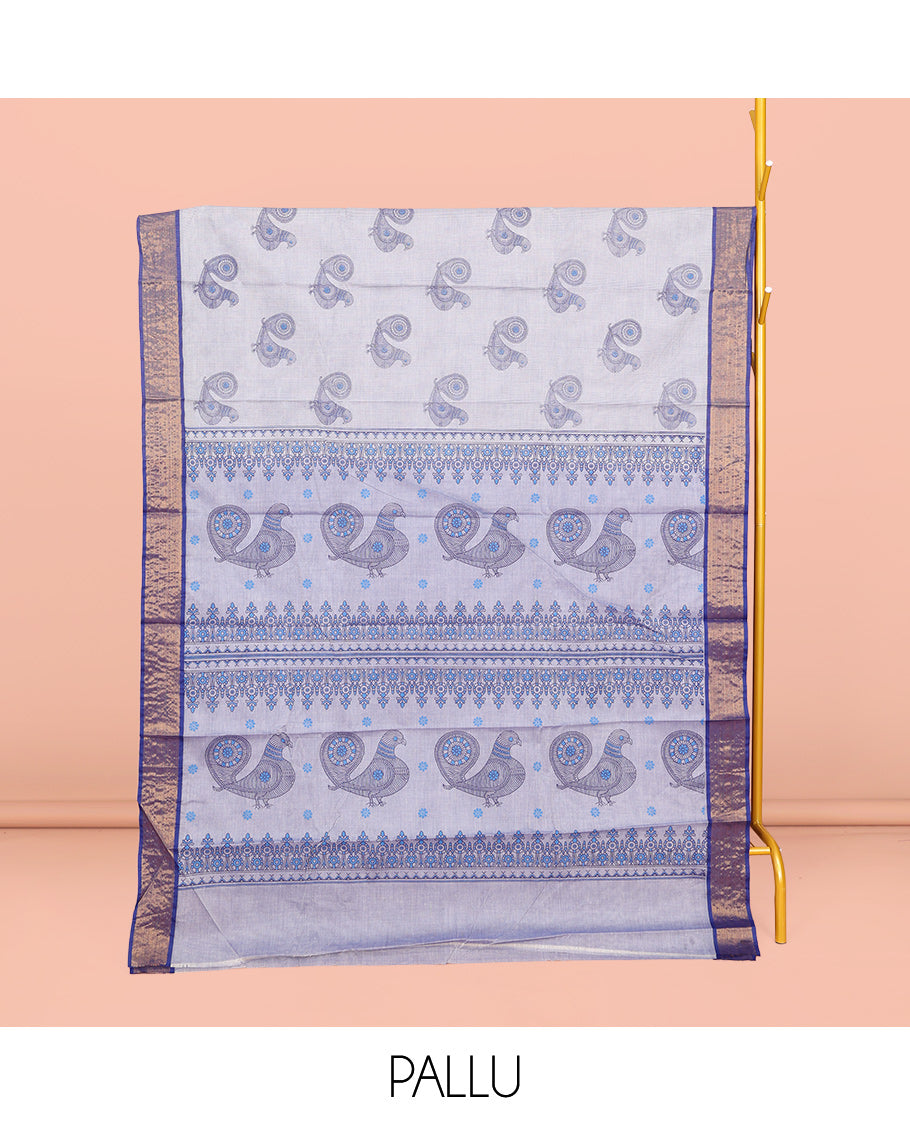Blue Andhra Cotton Saree, Adorned with Bird Motifs Print, a Contrast Zari Border, a Pallu of Bird-Print, and a Matching Blouse