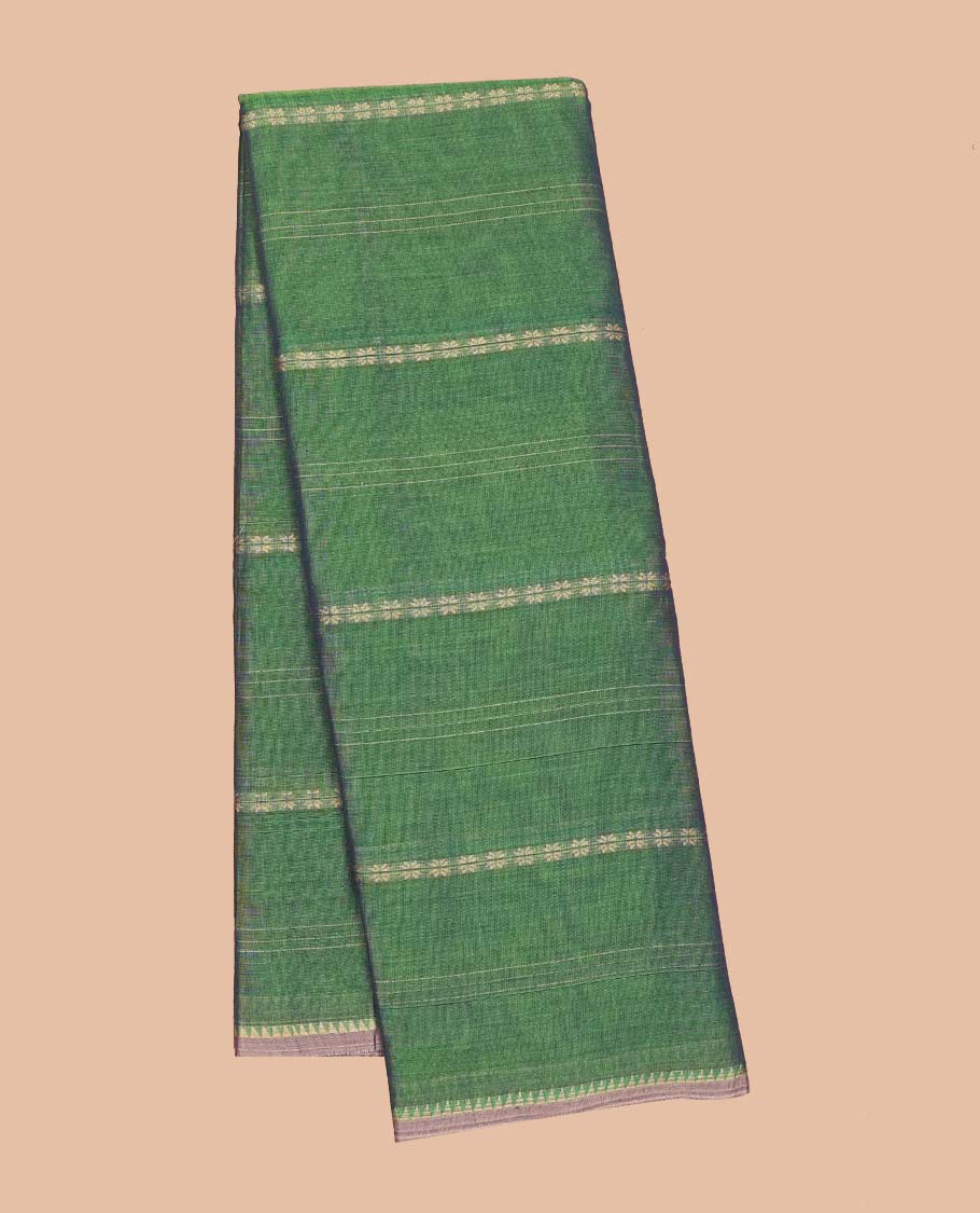 Borderless green striped Narayanapet cotton saree, striped pallu