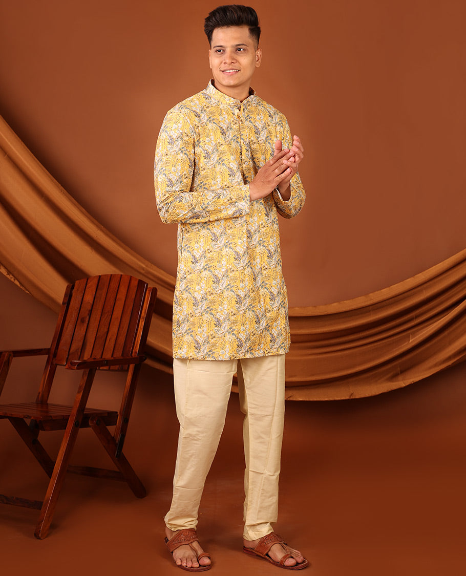 Yellow Tropical-Style Floral Printed with Sequins Work Full-Sleeved Men's Kurta