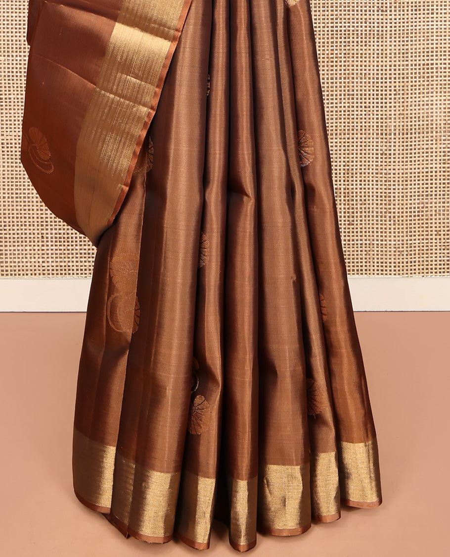 Brown Mayuri Lite Silk Mix Saree, Embellished with zari Buttas All Over Its Body, Highlighted by a Piping Border, Complemented by a Contrast Pallu of Intricate Designs, and Paired with a Contrast Blouse