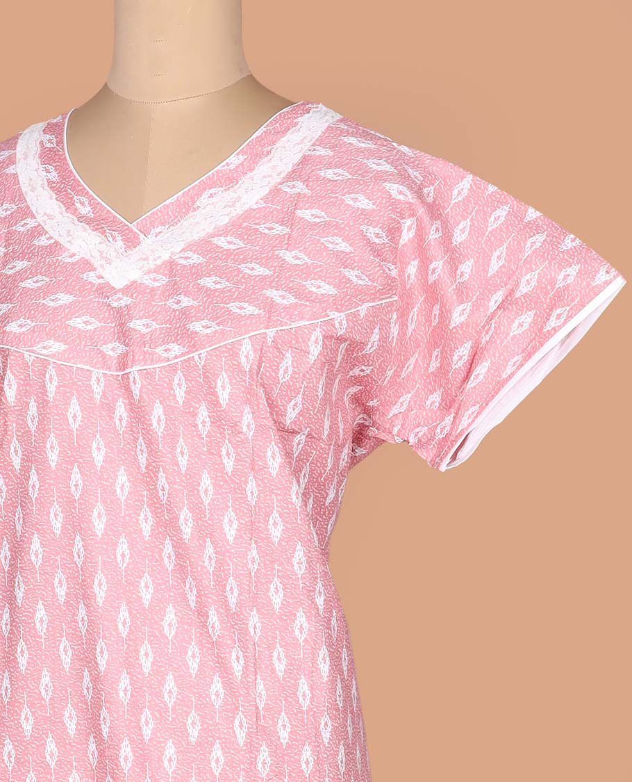 Baby pink buttas printed with leaf-neck embroidered half-sleeve cotton nighty