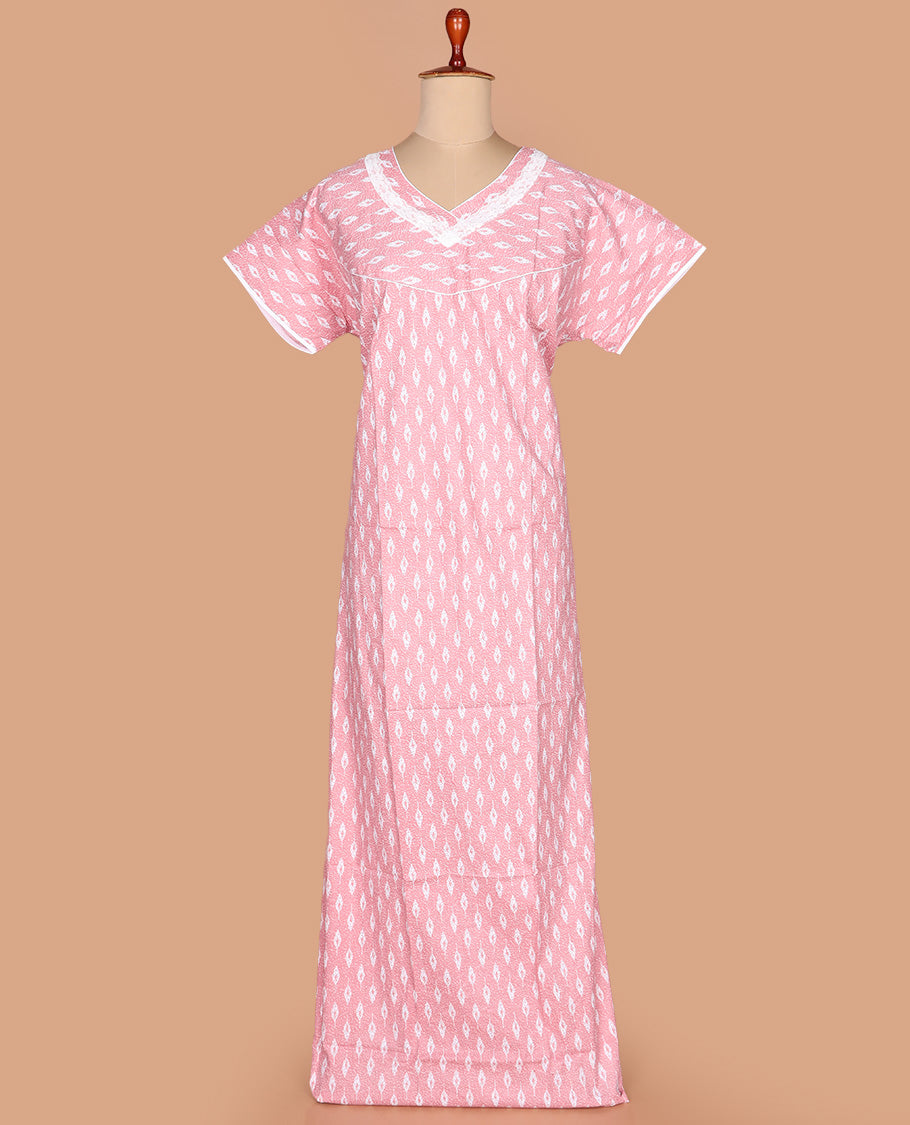 Baby pink buttas printed with leaf-neck embroidered half-sleeve cotton nighty