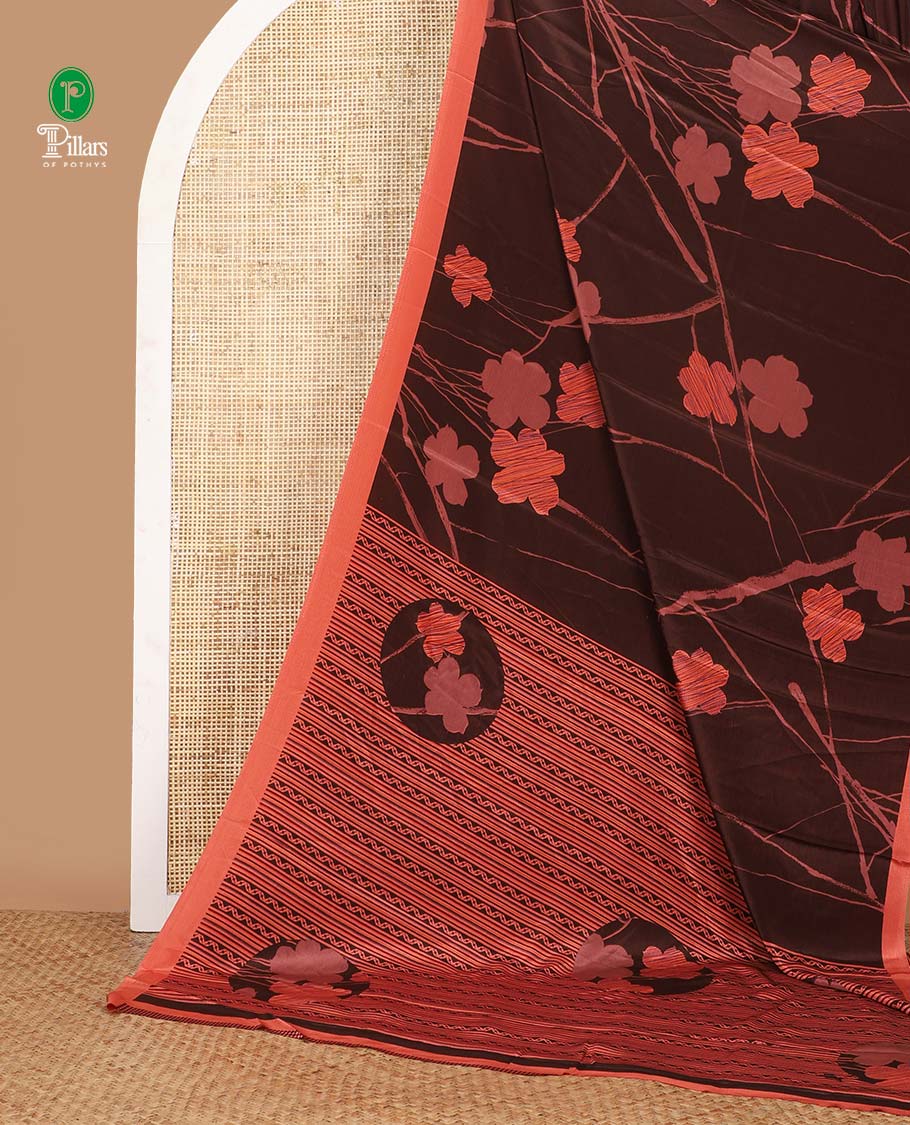 Dark purple floral & stripes printed turkey crepe saree, contrast plain border & pallu of geometric & floral print