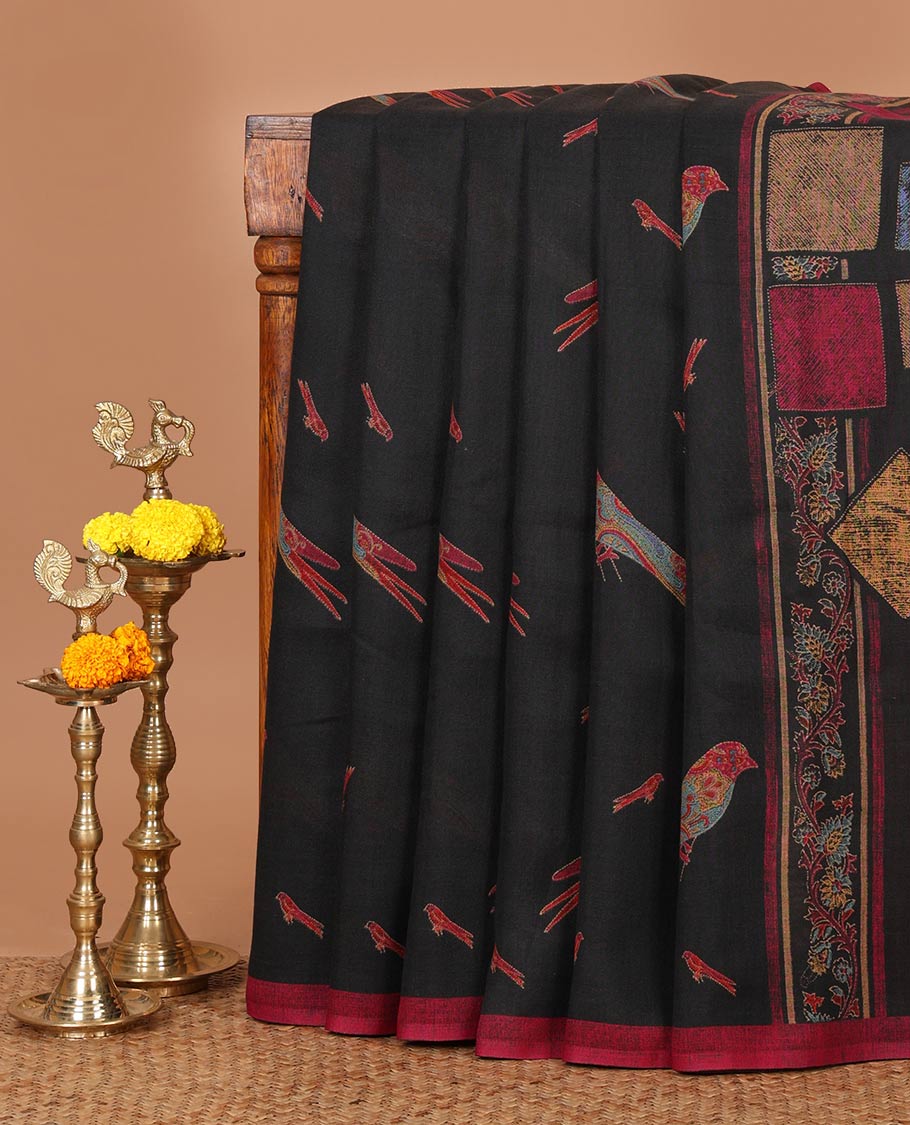 Black colorful bird motifs digital printed linen cotton saree, contrast piping border & kaleidoscopic-colored pallu of floral creeper & geometric print