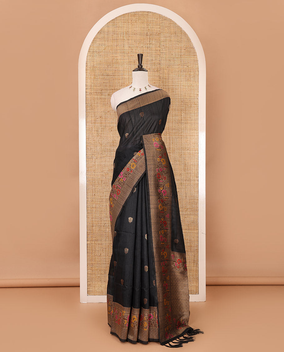 Black floral zari buttas jute silk saree, contrast meenakari floral creeper & jaal design border, jaal pallu & matching plain blouse