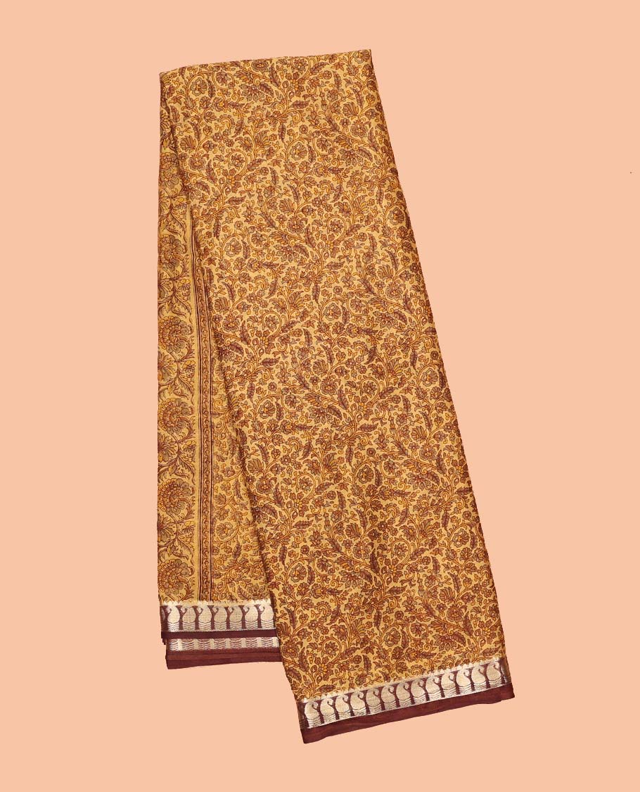 Light brown floral printed semi-banaras printed saree, paisley motifs border & intricate paisley motifs border
