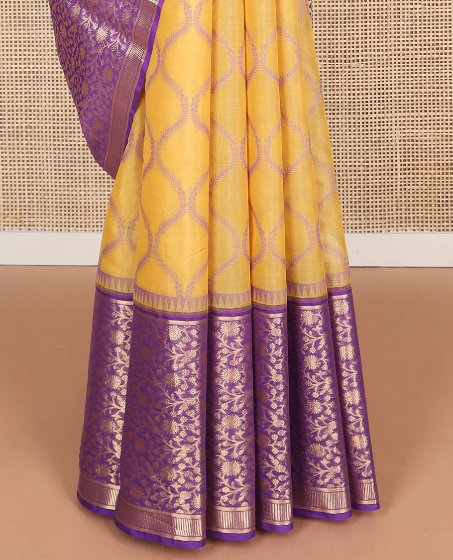 Yellow ogee design silk cotton saree with contrast floral design border & jacquard design pallu