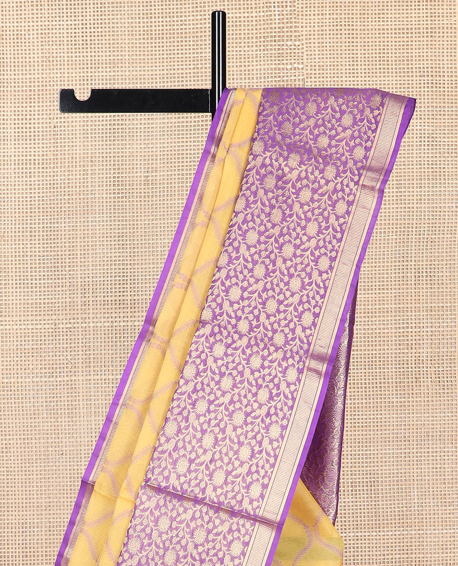 Yellow ogee design silk cotton saree with contrast floral design border & jacquard design pallu