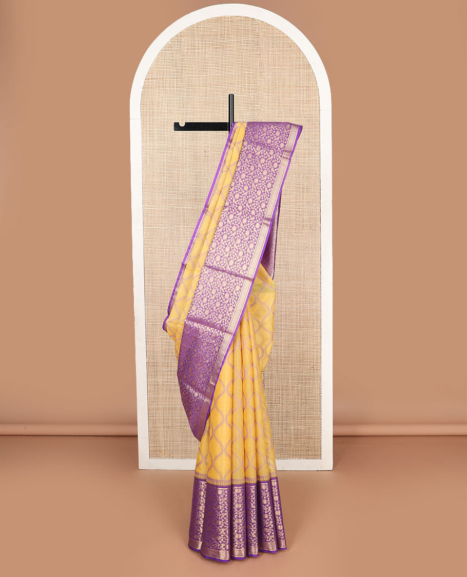 Yellow ogee design silk cotton saree with contrast floral design border & jacquard design pallu