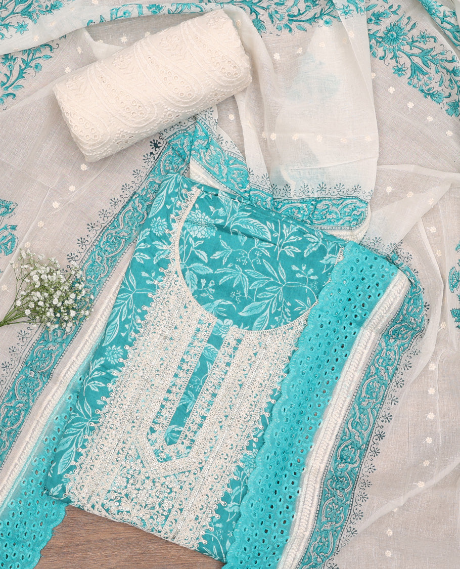 Sea blue chudidhar material set floral printed with sequins embroidery top, contrast thread embroidery bottom & floral motif thread embroidery scallop border dupatta