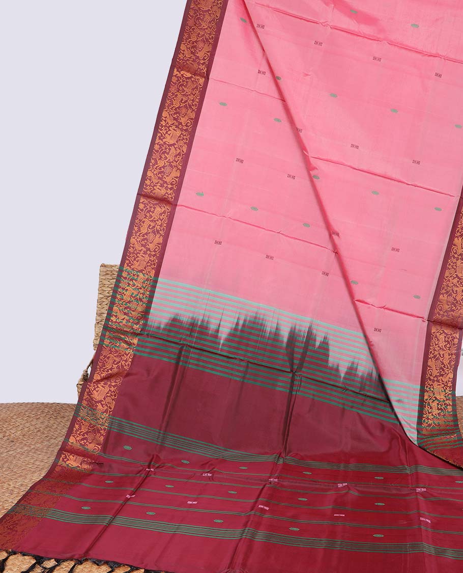 Pink floral motifs banana pith saree with contrast zari border & striped , floral motifs pallu