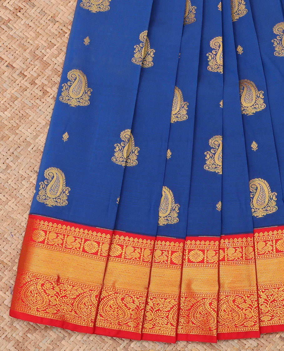Royal Blue Budget Silk Saree, Elevated with Zari Buttas, a Contrast Traditional Zari Border, Grand Pallu, and a Contrast Blouse