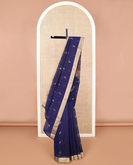 Dark blue leaf design chanderi cotton saree with contrast zari border & lotus design, striped pallu