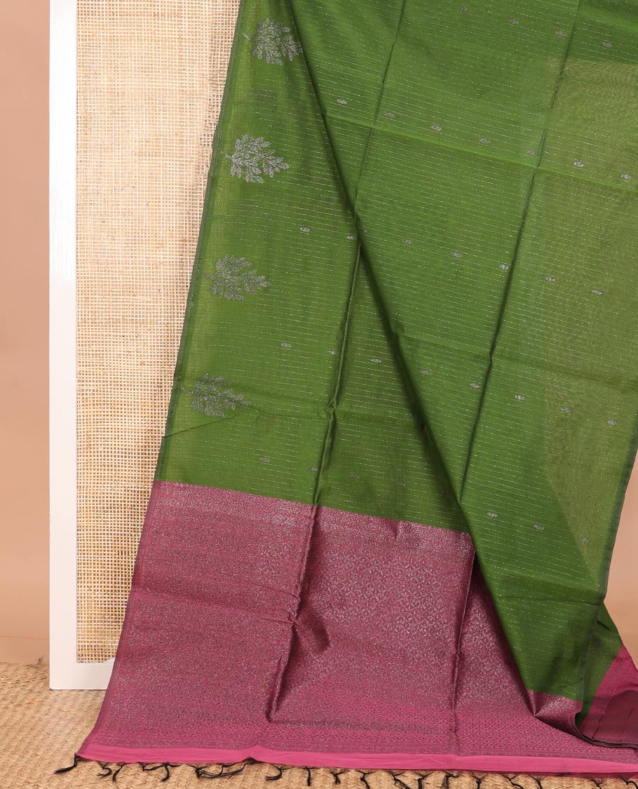 Borderless green stripes and zari buttas semi-silk cotton saree, contrast pallu of jaal designs