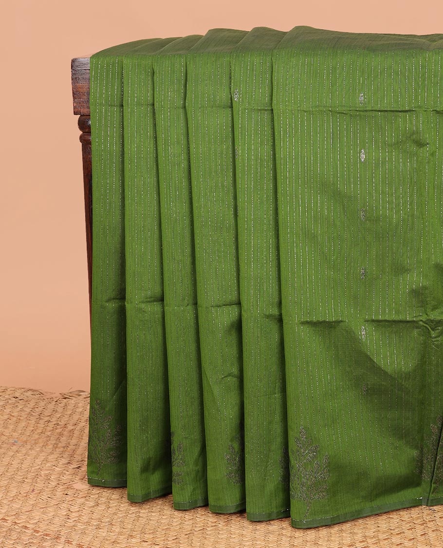 Borderless green stripes and zari buttas semi-silk cotton saree, contrast pallu of jaal designs