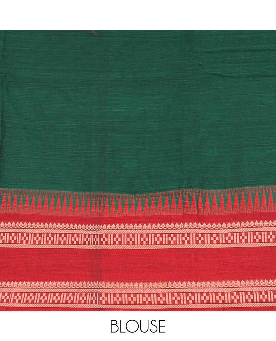 Green plain Narayanapet cotton saree, contrast temple rettai pettu traditional motifs woven border, and striped pallu