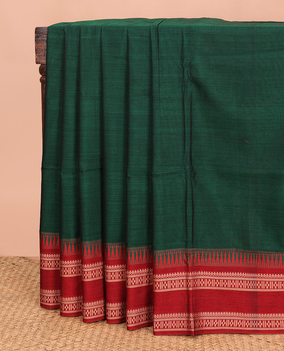 Green plain Narayanapet cotton saree, contrast temple rettai pettu traditional motifs woven border, and striped pallu