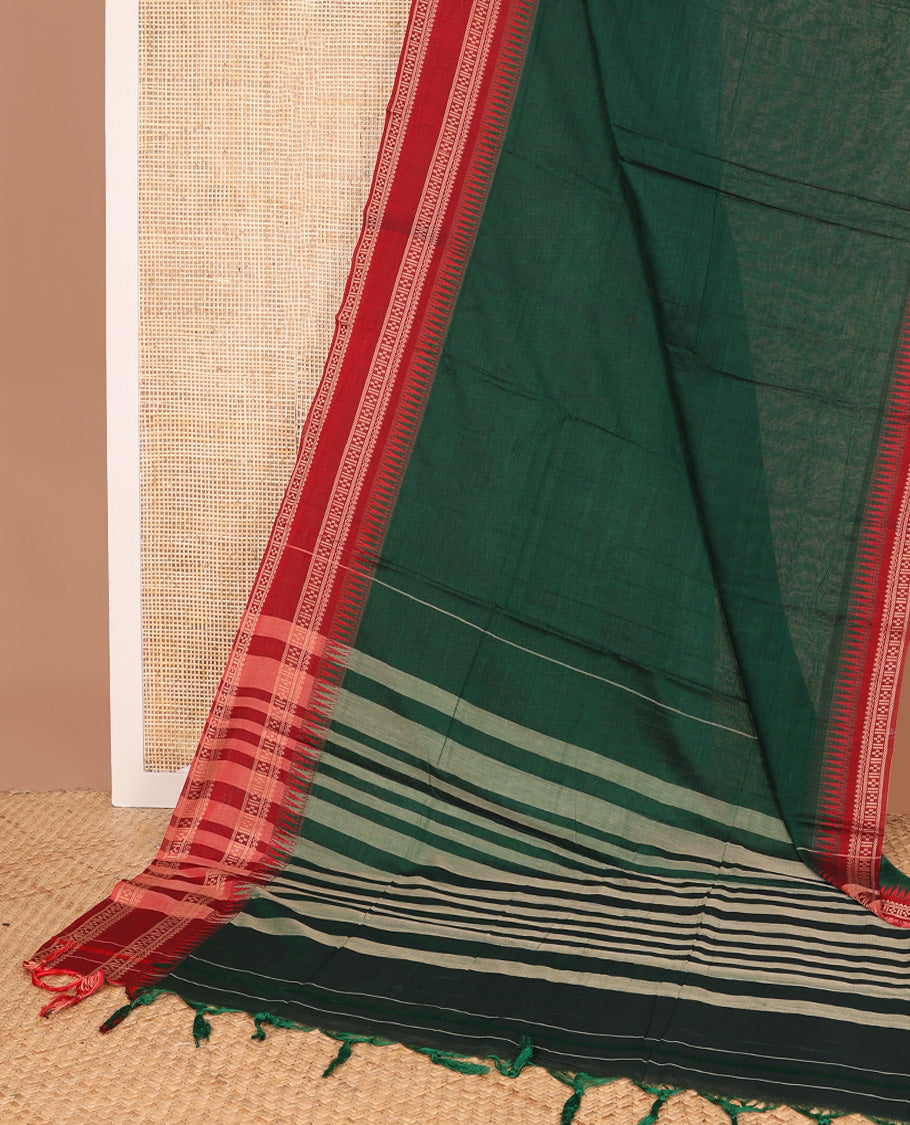 Green plain Narayanapet cotton saree, contrast temple rettai pettu traditional motifs woven border, and striped pallu