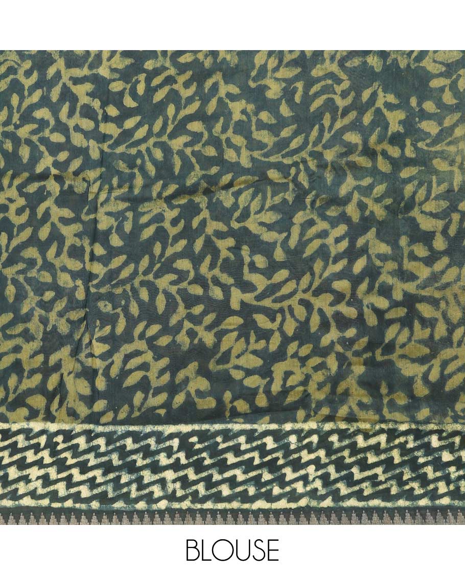 Green batik style ogee printed mul mul cotton saree, batik printed border, and pallu of geometric print