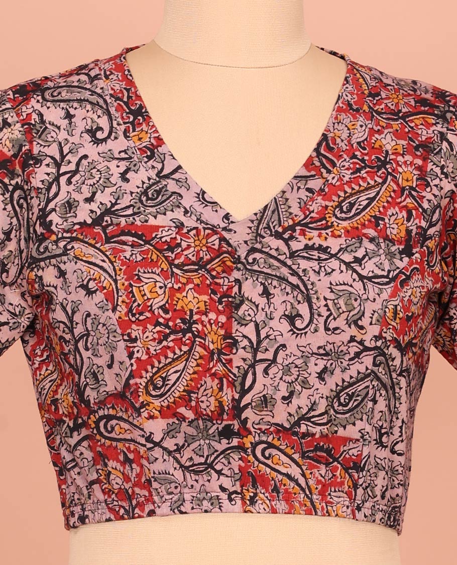 Red and Pink Cotton Readymade Blouse Detailed with All-Over Paisley and Floral Print, Featuring a Front V-Neck, a Closed Back Neck, and Elbow Sleeves