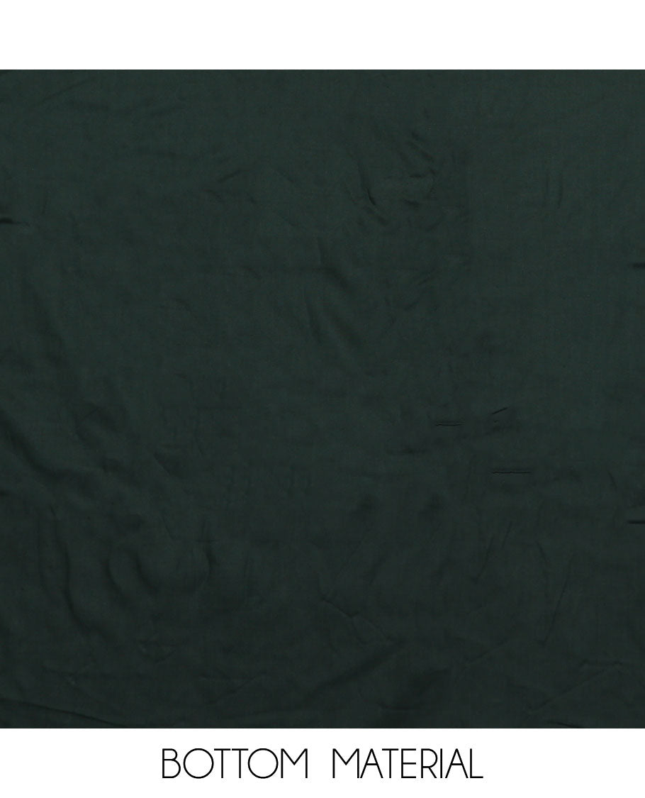 Green material chudidar set, floral printed with French knot embroidered top, plain bottom, and dupatta of stripes and floral print