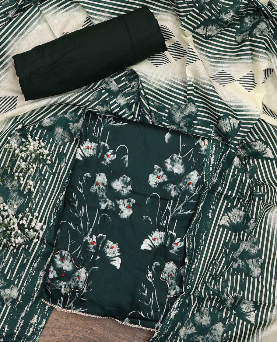 Green material chudidar set, floral printed with French knot embroidered top, plain bottom, and dupatta of stripes and floral print