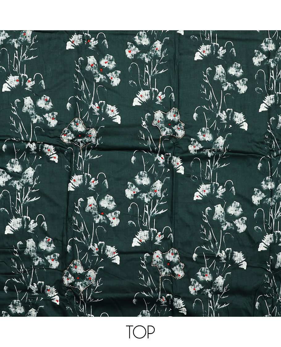 Green material chudidar set, floral printed with French knot embroidered top, plain bottom, and dupatta of stripes and floral print