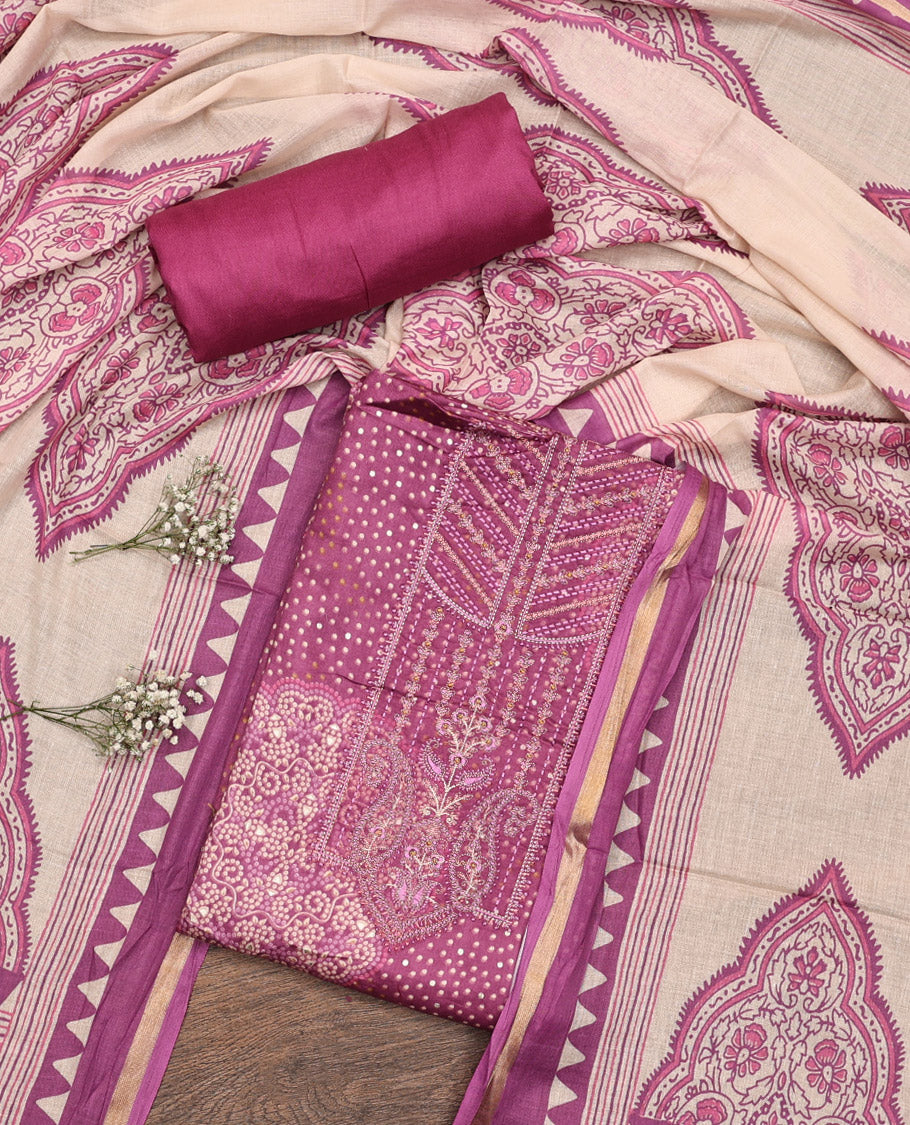 Purple Material Chudidar Set, Accentuated with Bandhani Dot Printed and Embroidery on Rayon Top, a Rayon Bottom, and Paired with Contrast Intricately Printed Cotton Dupatta