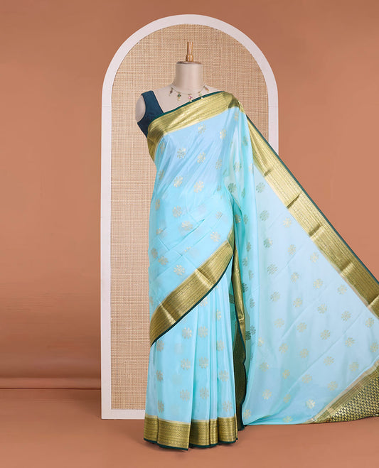 Baby blue zari buttas Mysore silk saree, contrast traditional zari design border & zari-rich jaal pallu