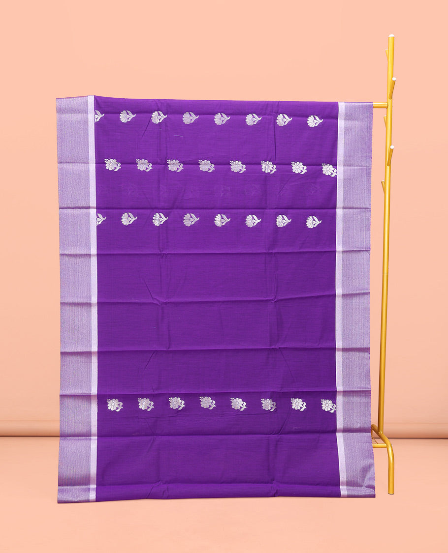 Violet Semi-Silk Cotton Saree, Detailed with Floral Buttas on Its Body, a Subtle Zari Border, Pallu Features Floral Designs, and Paired with a Matching Blouse