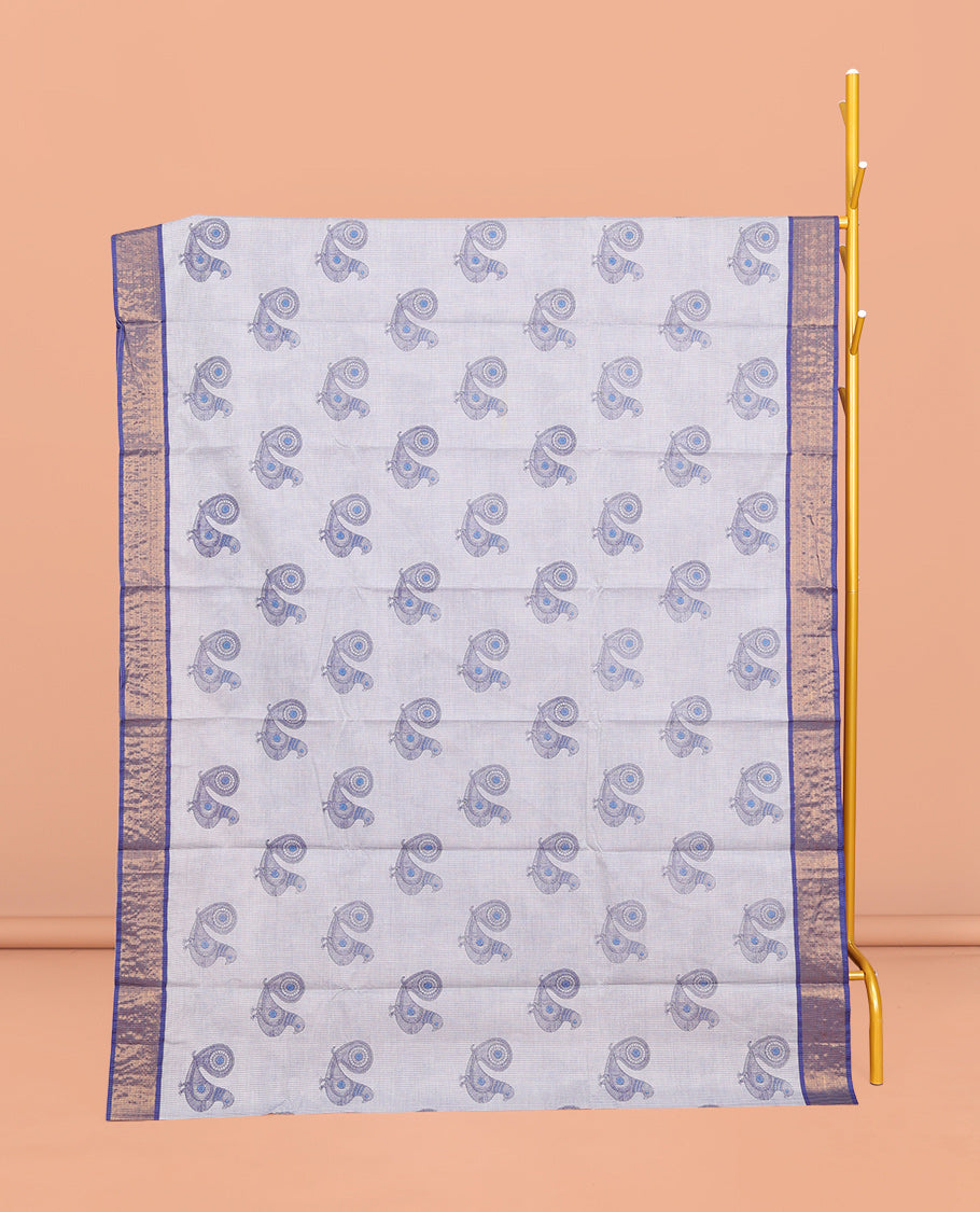 Blue Andhra Cotton Saree, Adorned with Bird Motifs Print, a Contrast Zari Border, a Pallu of Bird-Print, and a Matching Blouse